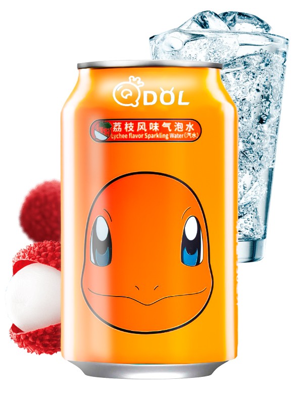 Agua Soda Sabor Lichi | Edición Pokemon Charmander | Qdol 330 ml.