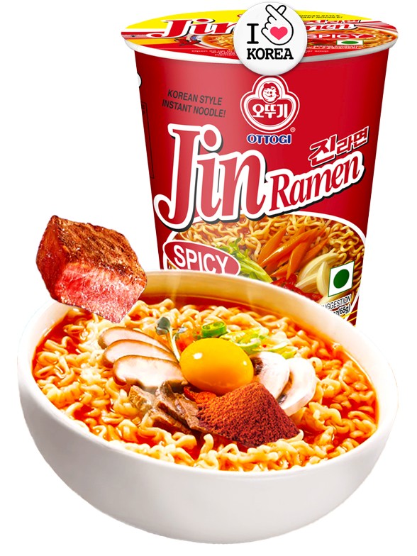 Fideos Ramen Coreanos Jin Ramyun Red de Carne | Cup | Picante 65 grs